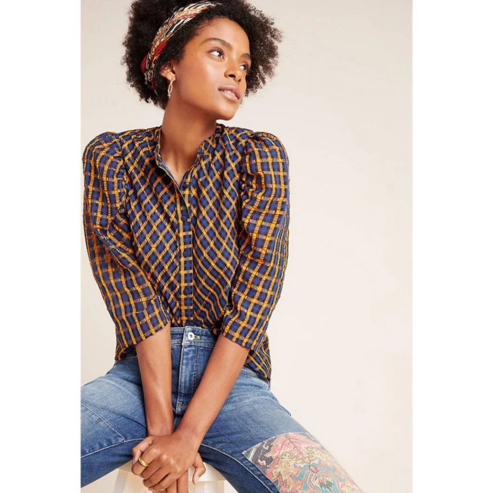 Eva Franco Anthropologie Textured Blue Yellow Plaid Blouse Size 2 Puff Sleeves - Picture 1 of 16